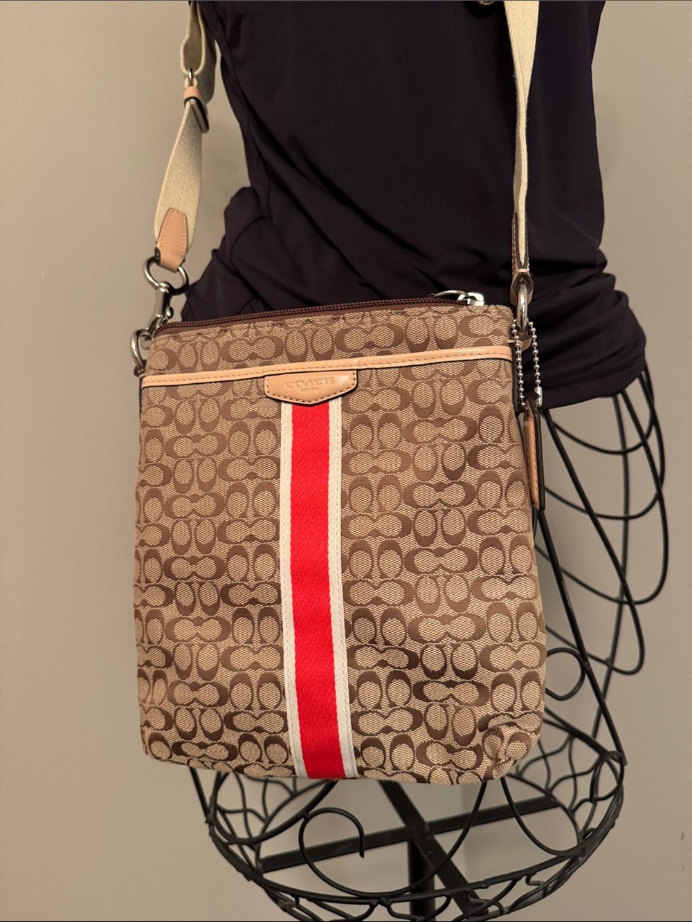 Coach Brown Signature Crossbody with Red Stripe